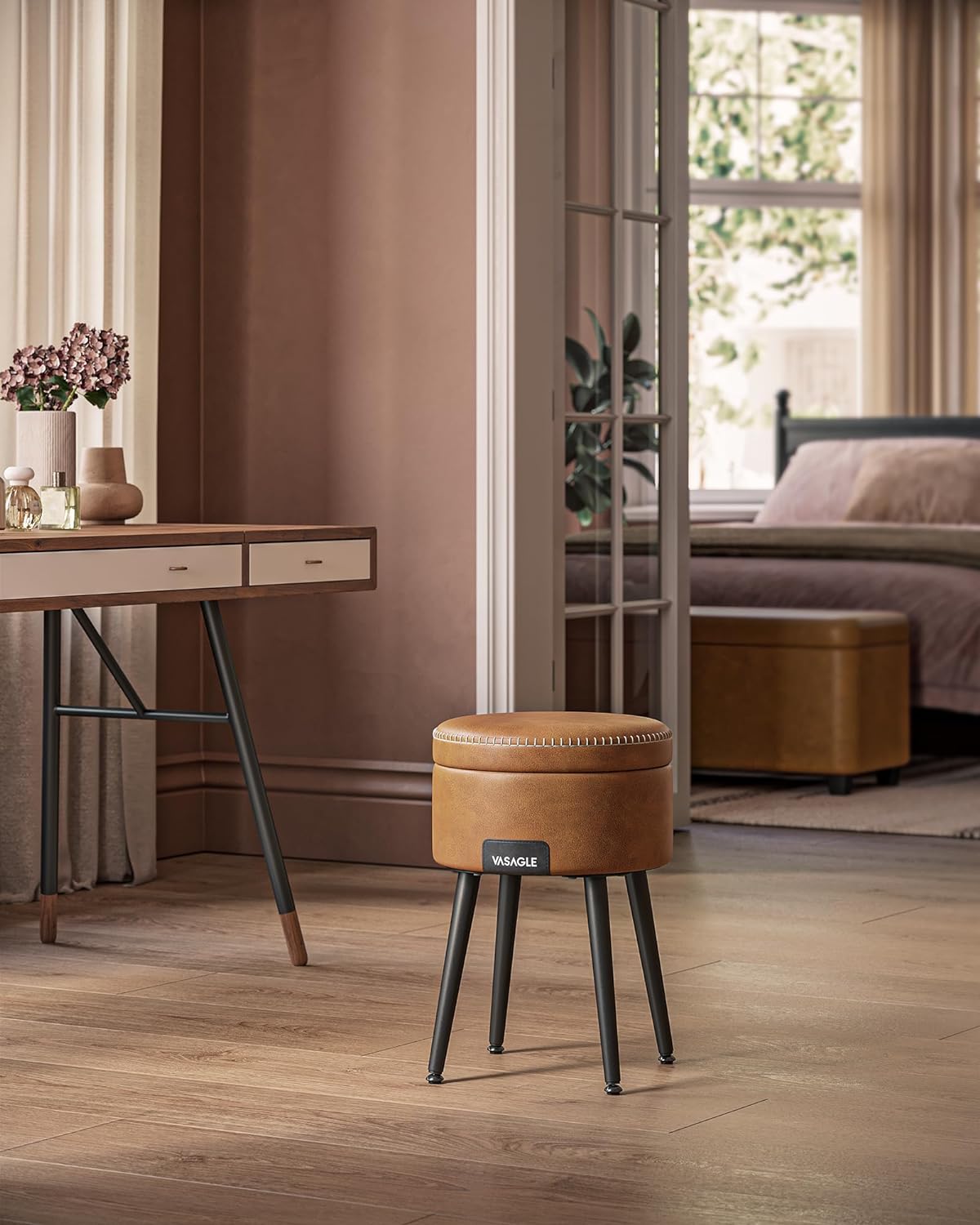 VASAGLE Taburet cu spatiu de depozitare, tapitat PU, cu 2 fete, diametru 32 cm, maro
