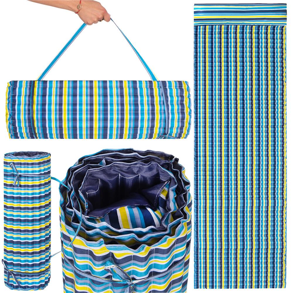 Saltea pentru plaja pliabila, din spuma, ultra-usoara, cu perna si maner de transport, 60x180cm, albastru galben