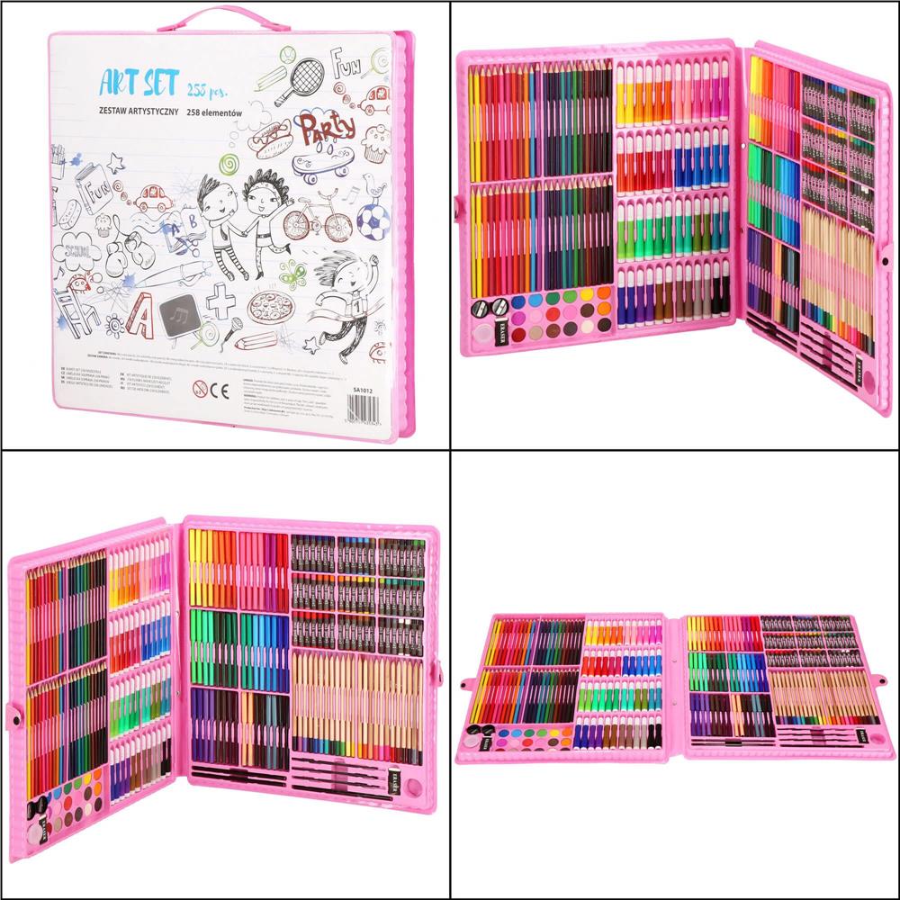 Set de pictura si desen pentru copii, 258 de piese, trusa plastic roz