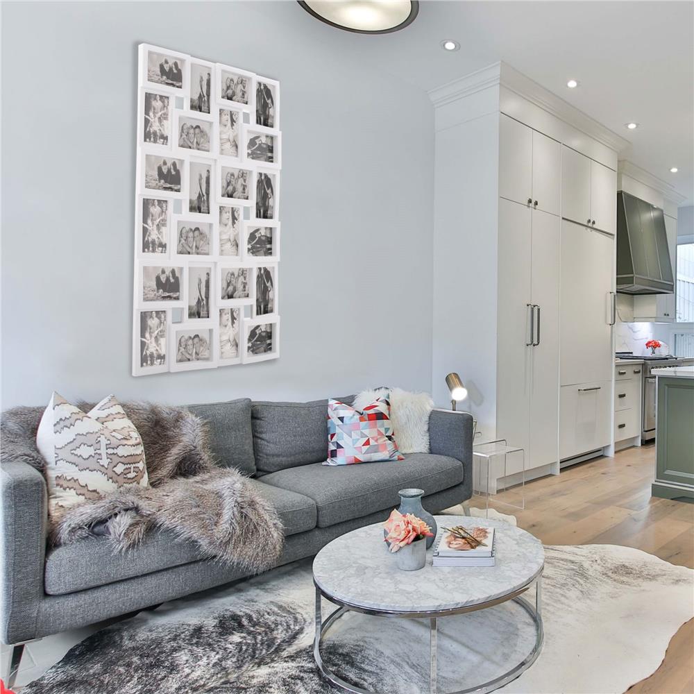 Rama foto de perete, colaj de 24 fotografii, 57x86cm, alb