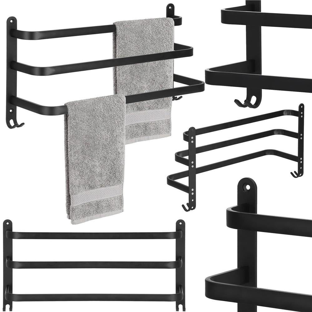 Suport prosoape pentru baie cu 2 sisteme de instalare, 3 brate, din aluminiu, 49x25cm, negru