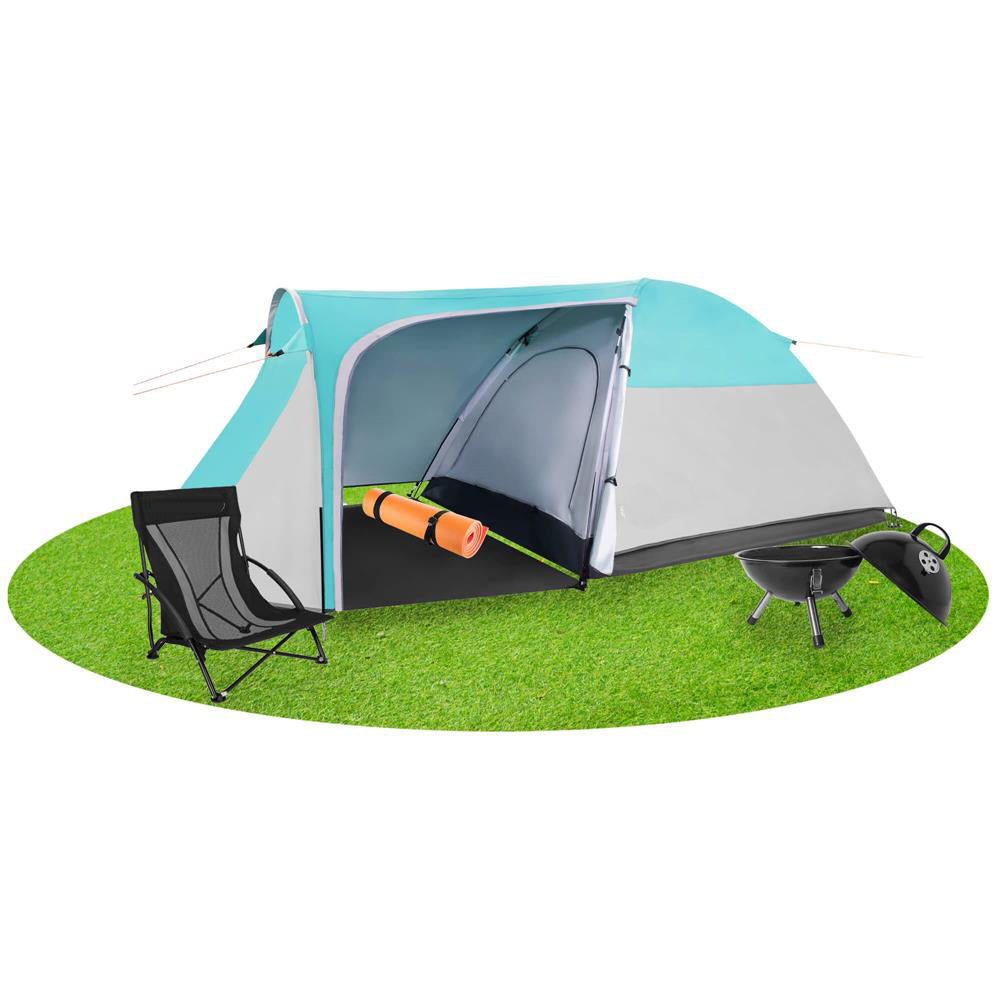 Cort plaja sau camping, impemeabil, cu terasa, 4 locuri, 175x310x130cm, gri albastru