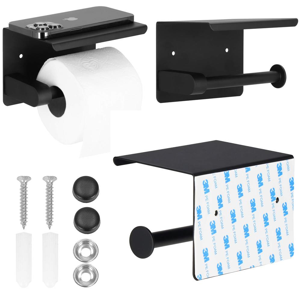 Suport hartie igienica din otel cu raft depozitare, prindere fara gaurire, 14cm, negru