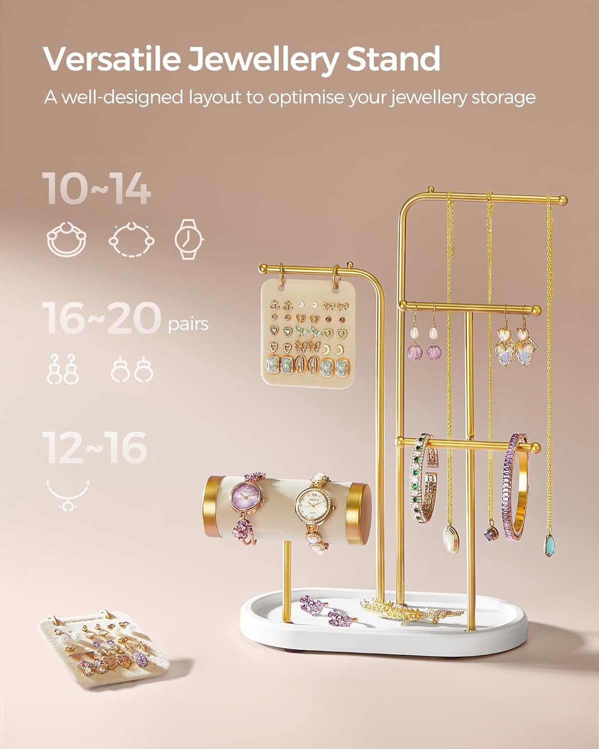 SONGMICS Stand suport pentru depozitare si expunere bijuterii, otel, 11x20x32 cm, auriu