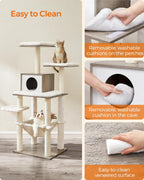 FEANDREA Ansamblu de joaca pisici, tip copac, cu culcusuri, ascunzatoare si hamac, 55x45x138 cm, alb si gri