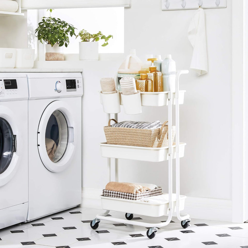 SONGMICS Carucior de depozitare pe roti, pentru bucatarie sau baie, cu 3 nivele, 42x34x86 cm, alb