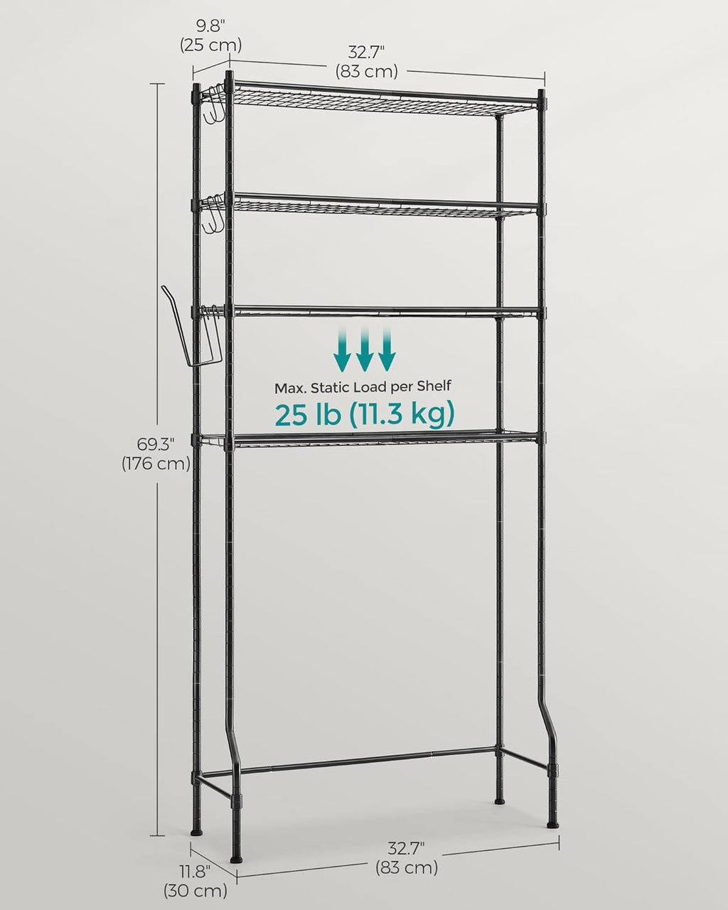 SONGMICS Raft de depozitare pentru baie, suprapunere peste masina spalat sau vas WC, 30x83x176 cm, negru