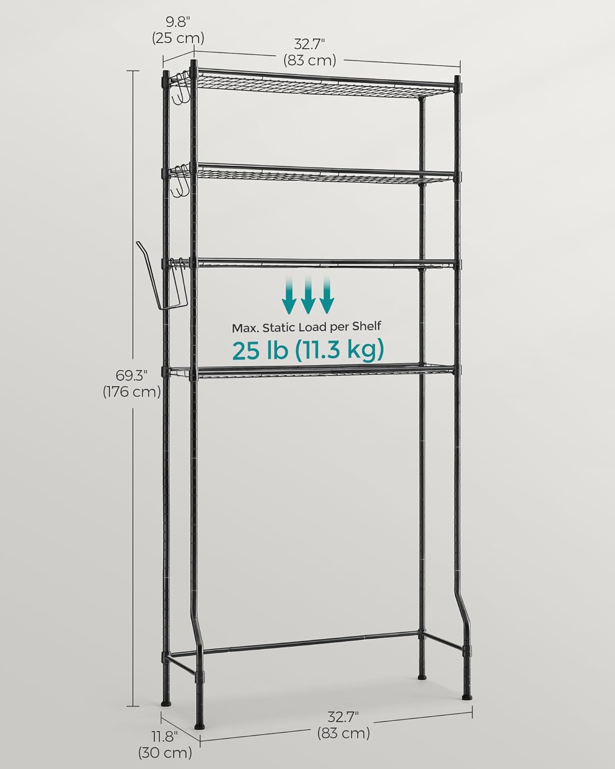 SONGMICS Raft de depozitare pentru baie, suprapunere peste masina spalat sau vas WC, 30x83x176 cm, negru