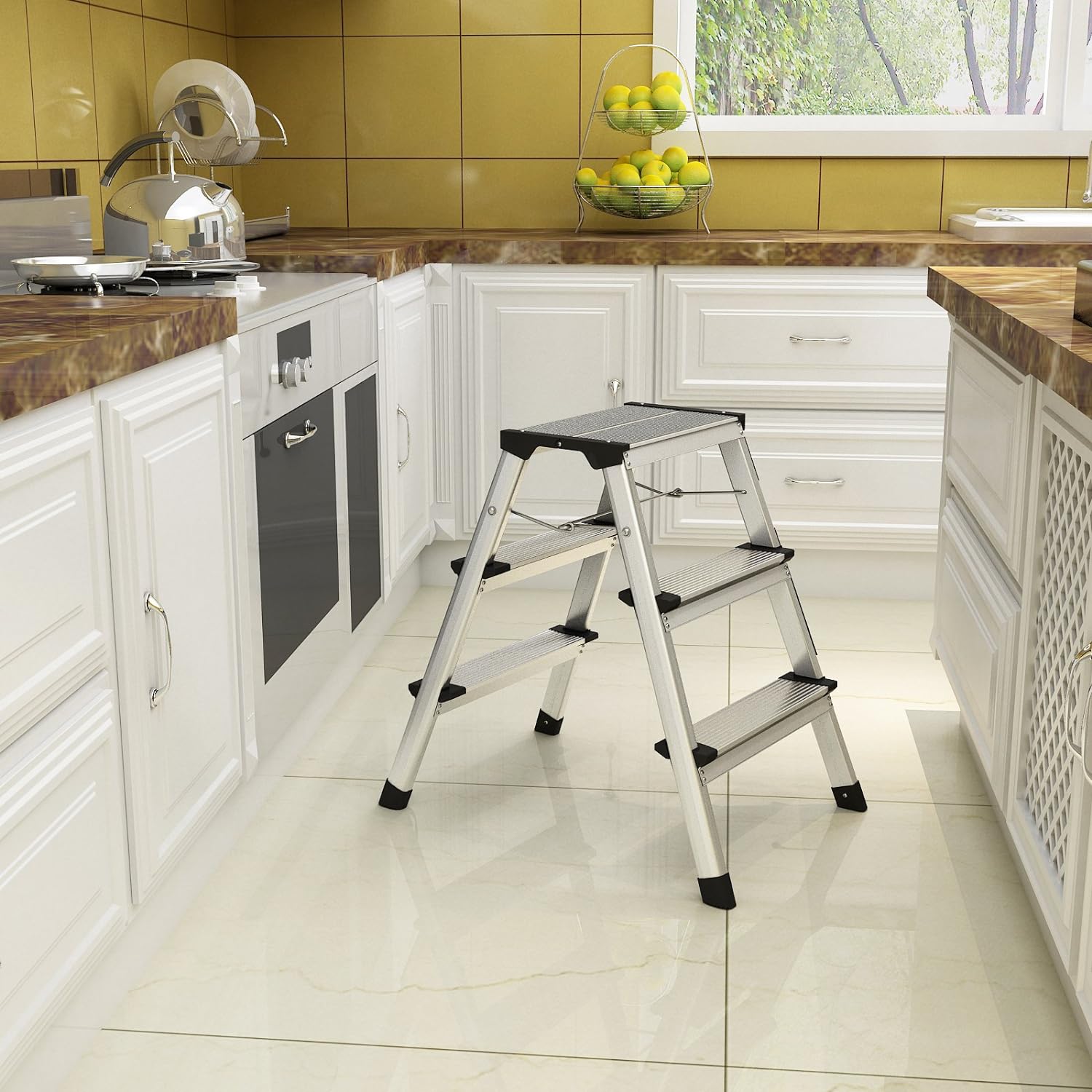 SONGMICS Scara dubla din aluminiu, multifunctionala, sarcina 150kg, cu 3 trepte, 59x44x62cm