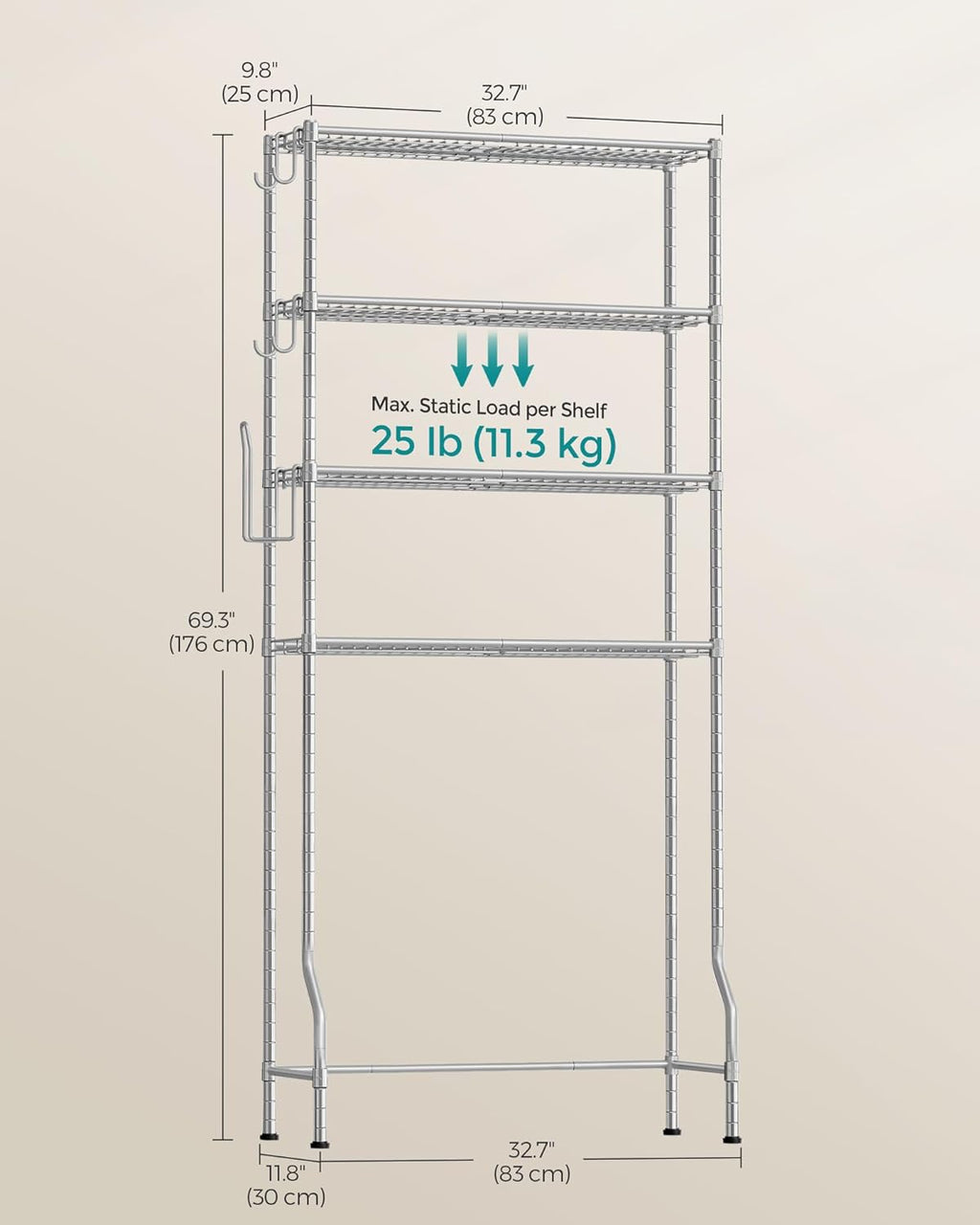 SONGMICS Raft de depozitare pentru baie, suprapunere peste masina spalat sau vas WC, 30x83x176 cm, argintiu