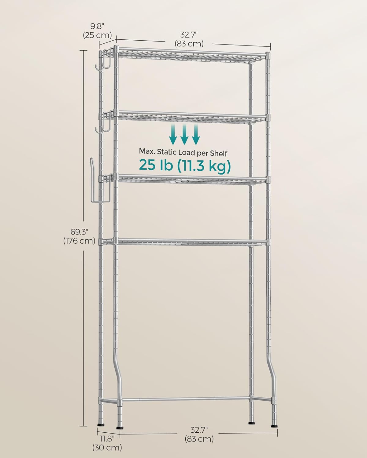 SONGMICS Raft de depozitare pentru baie, suprapunere peste masina spalat sau vas WC, 30x83x176 cm, argintiu