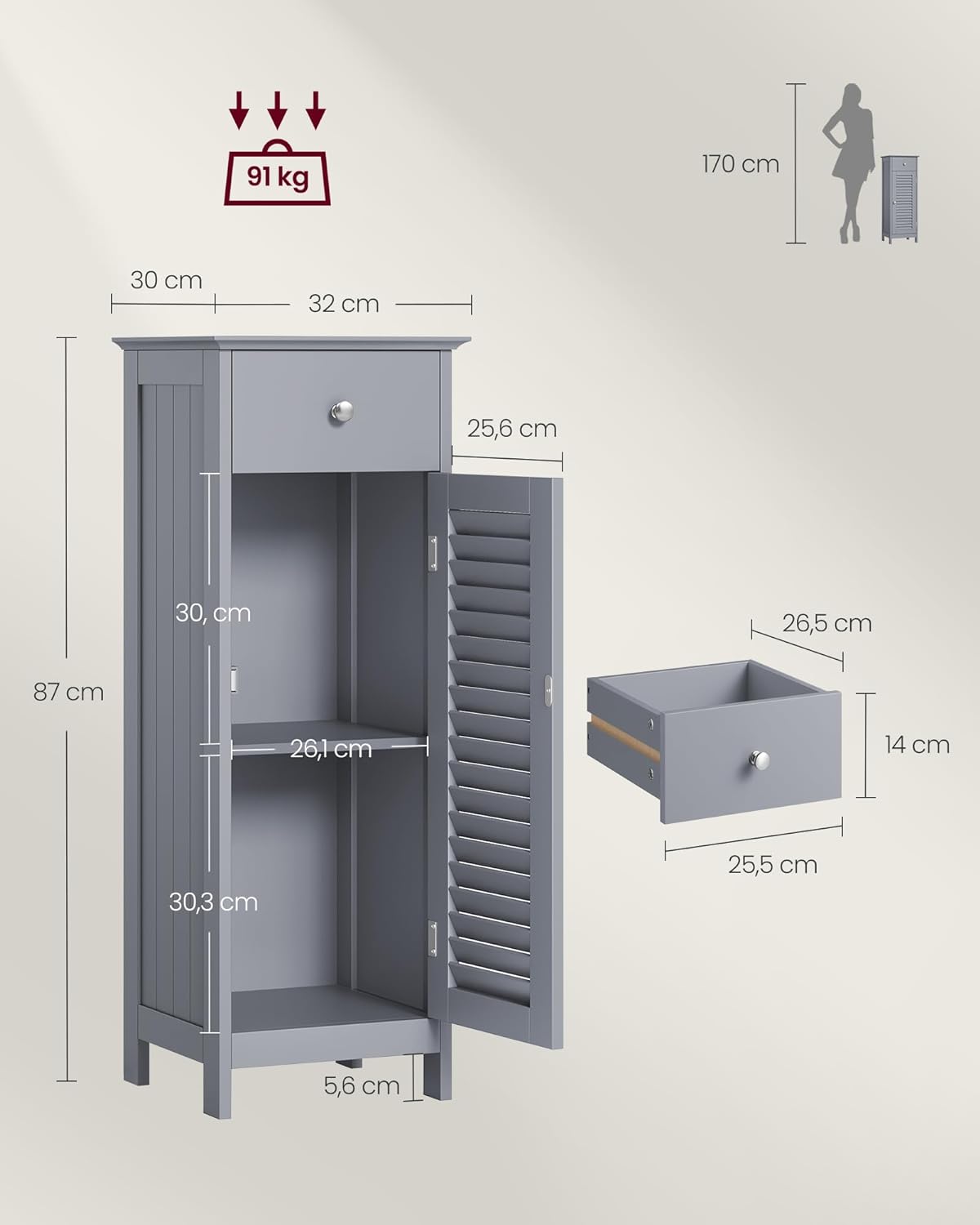 VASAGLE Dulap de depozitare de podea pentru baie, din lemn cu sertar, usa cu lamele, 32x30x87cm, gri