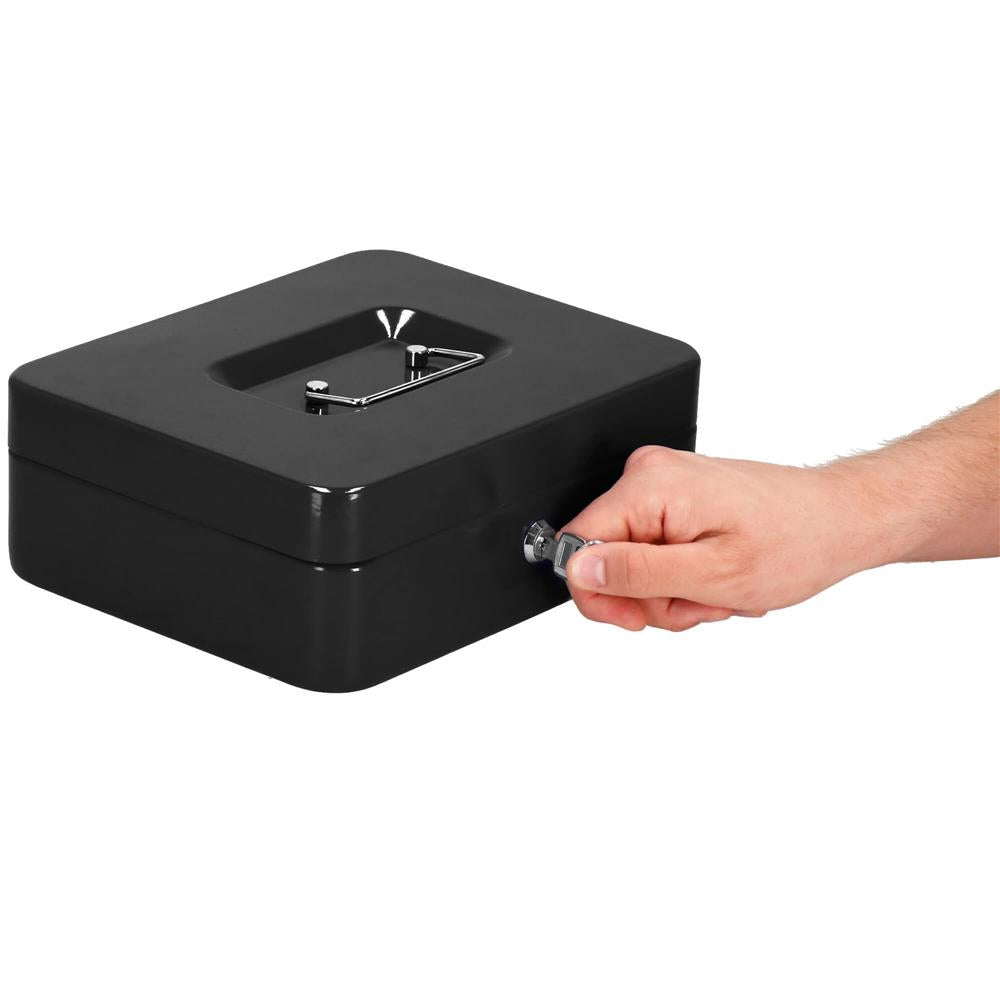 Caseta pentru bani tip cutie de valori, compartimentanta, cu cheie, metal, 30x24x9cm, negru