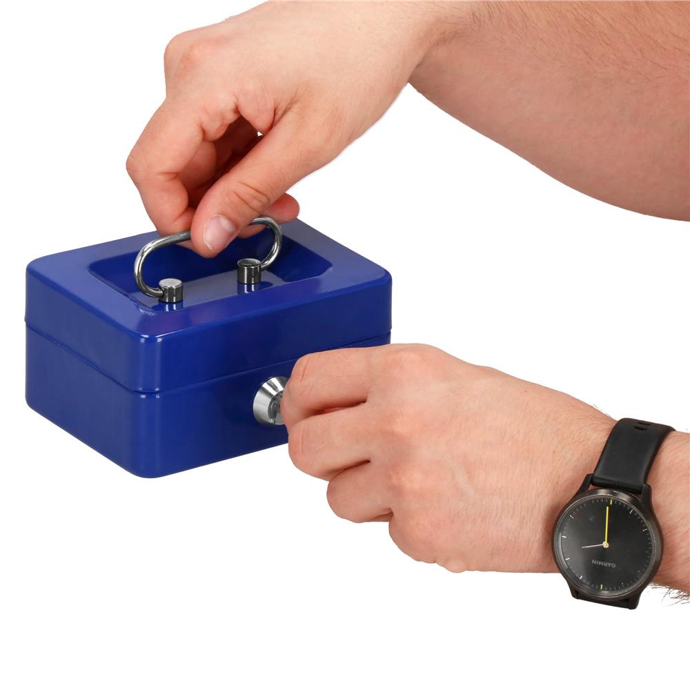 Caseta pentru bani tip cutie de valori, compartimentanta, cu cheie, metal, 12.5x9.5x6.5cm, albastru