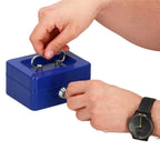 Caseta pentru bani tip cutie de valori, compartimentanta, cu cheie, metal, 12.5x9.5x6.5cm, albastru