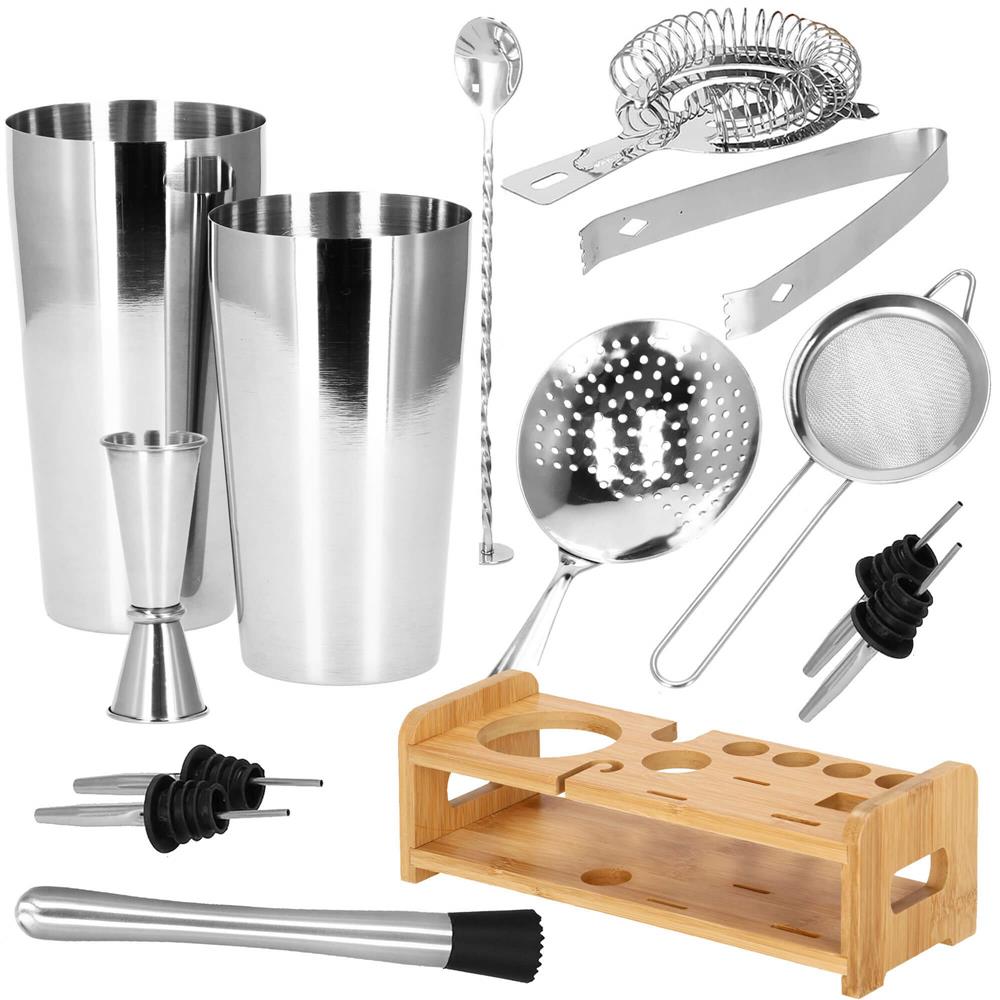 Set Cocktail Shaker Kit pentru barmani 750ml, KI11, suport bambus, 14 piese