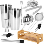 Set Cocktail Shaker Kit pentru barmani 750ml, KI11, suport bambus, 14 piese