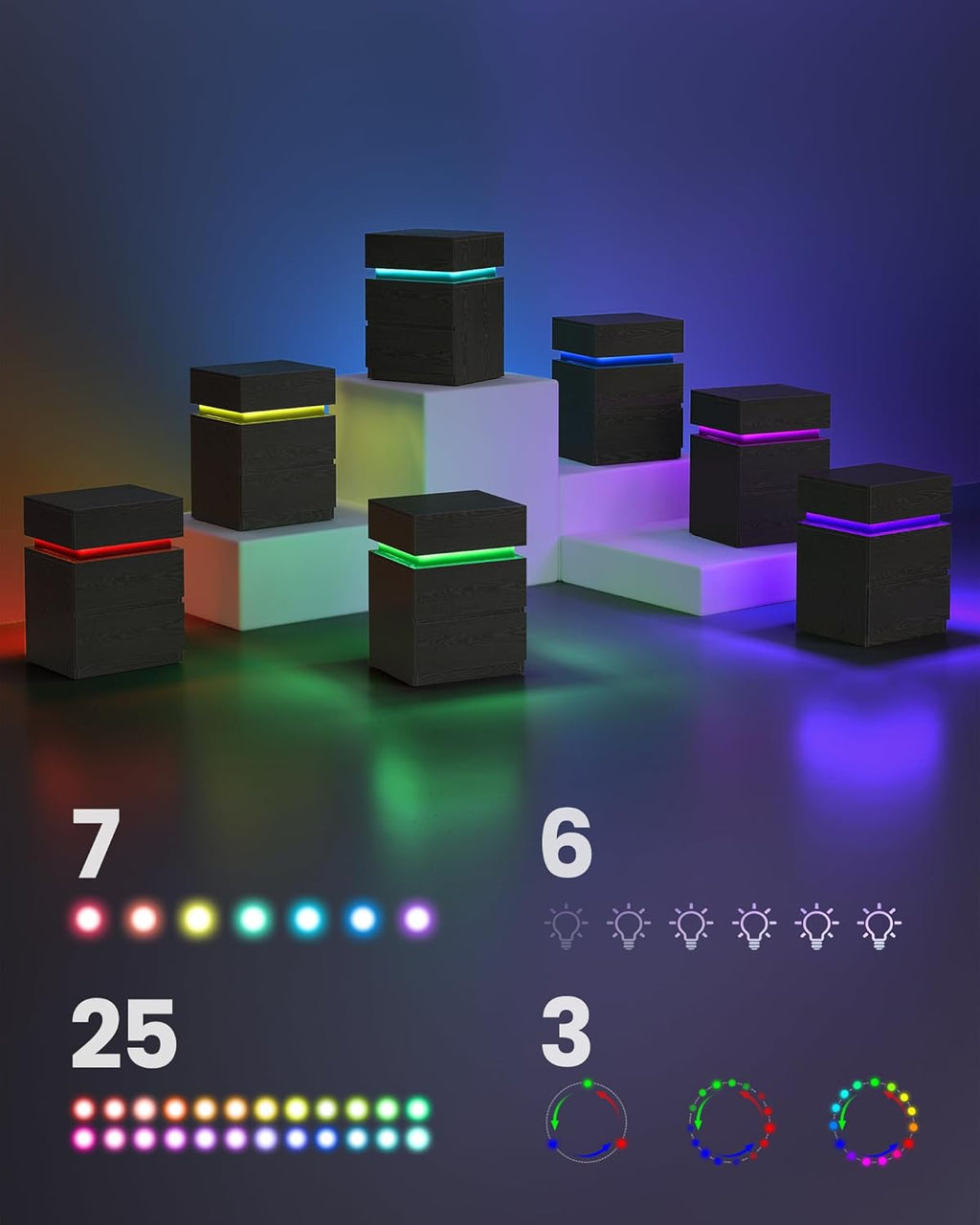 VASAGLE Noptiera din MDF cu iluminare LED, culori si intensitate reglabile, 35x40x55cm, negru