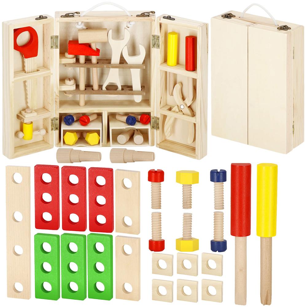 Trusa de unelte pliabila pentru copii din lemn natural , 26 unelte si accesorii