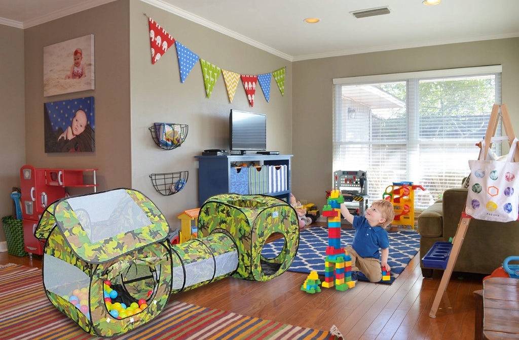 Loc de joaca 3 in 1 pentru copii,multifunctional, casuta, tunel si cort, 230x70x85cm, culoare camuflaj