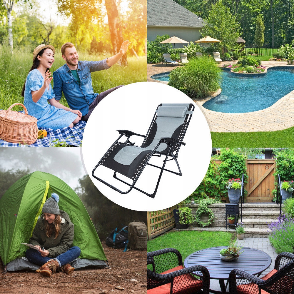 Sezlong scaun pliant plaja sau gradina, Siesta, gravitatie zero, cu tetiera, 175x75x110 cm, negri gri