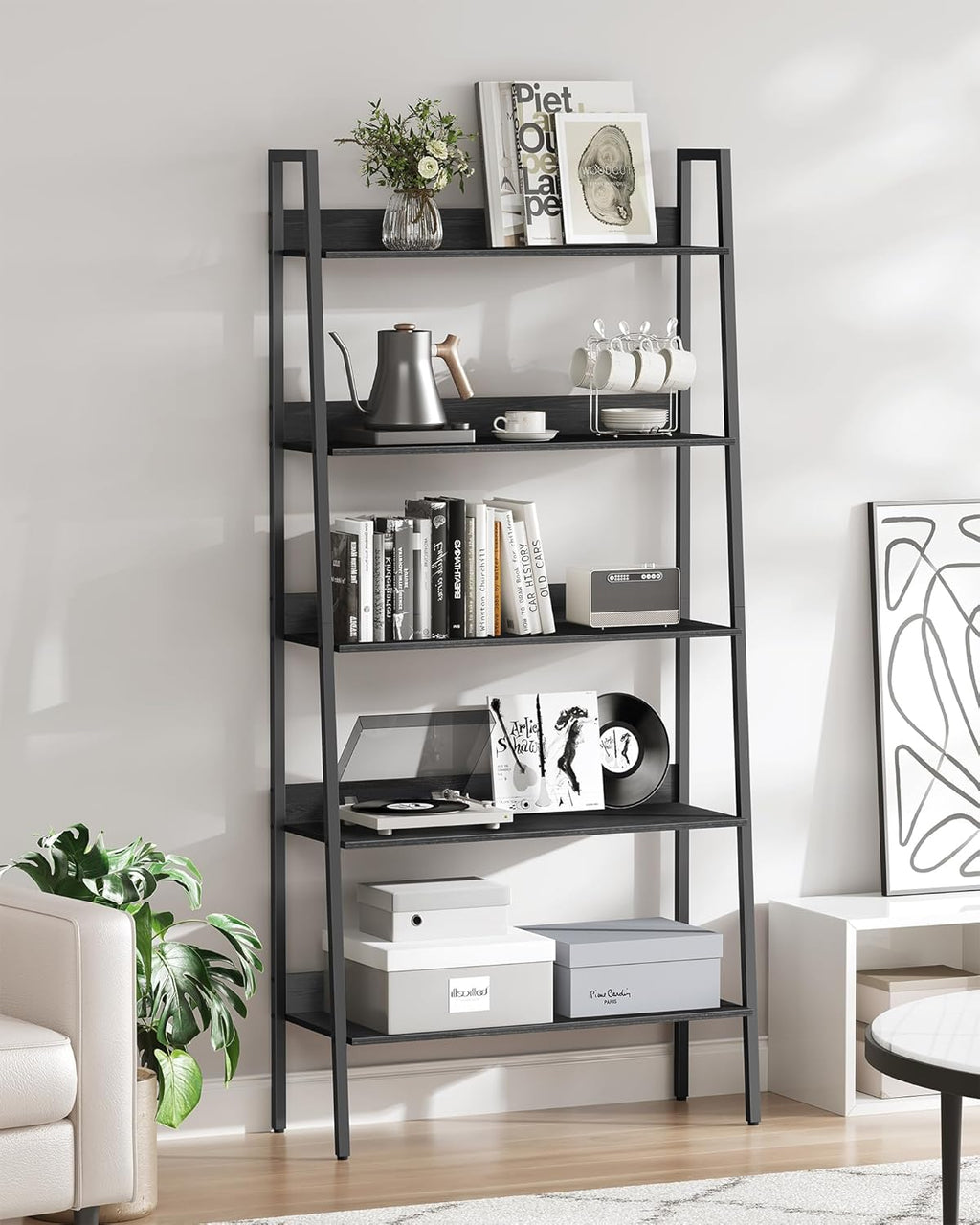 VASAGLE Biblioteca tip scara, cadru otel cu 5 polite, stil industrial, 80x30x170 cm, negru
