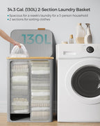 SONGMICS Cos de rufe textil, pliabil, cu 2 compartimente detasabile, 130L, 52x39x71 cm, gri