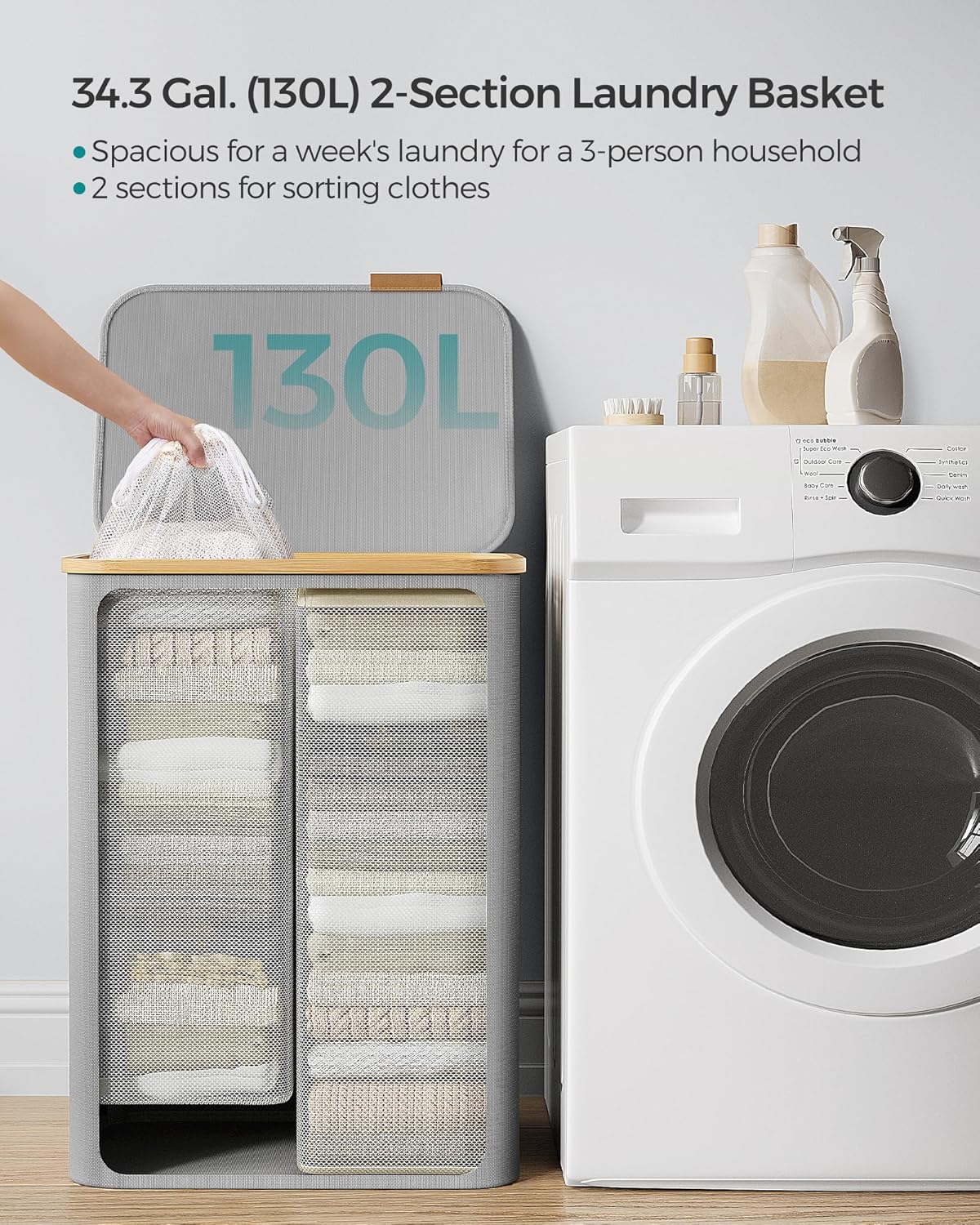 SONGMICS Cos de rufe textil, pliabil, cu 2 compartimente detasabile, 130L, 52x39x71 cm, gri