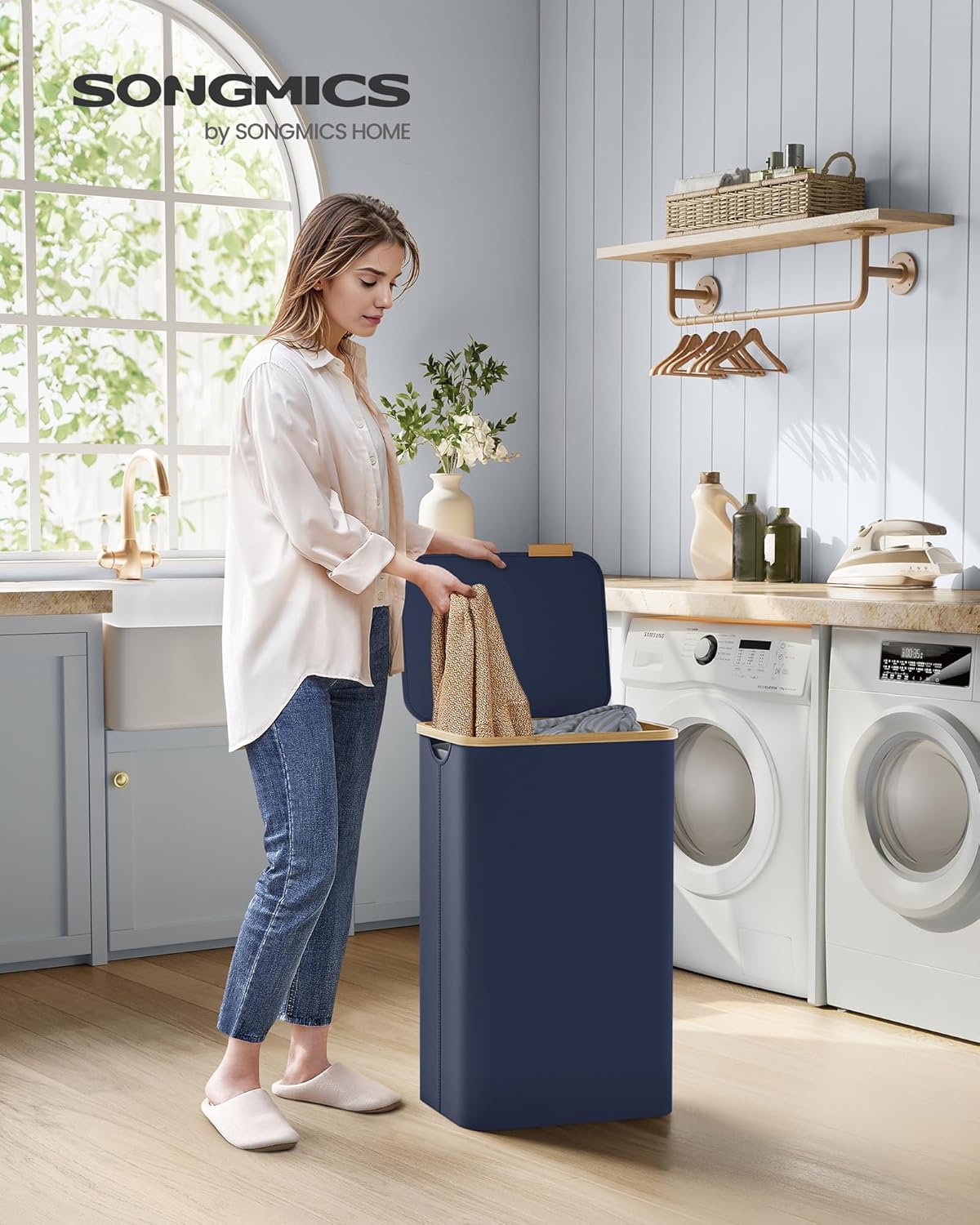 SONGMICS Cos de rufe textil, pliabil, compartiment detasabil, 90L, 42x32x71 cm, albastru