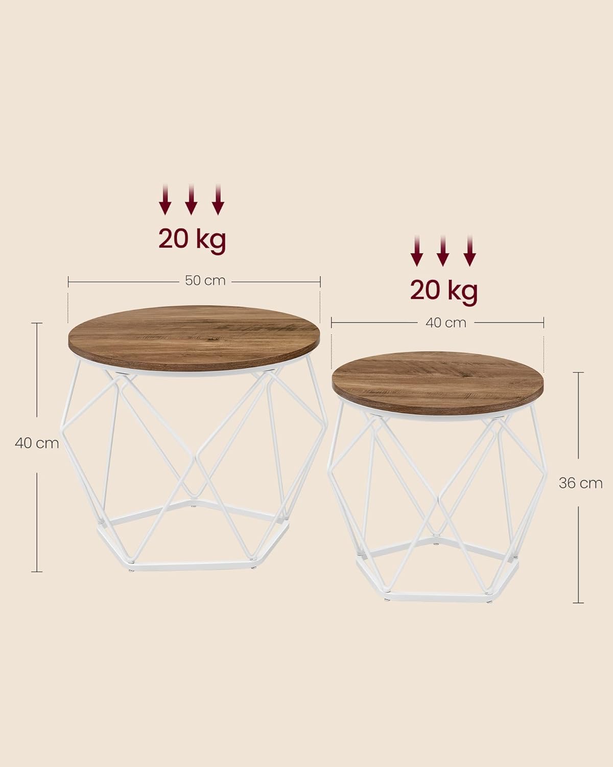 VASAGLE Set de 2 mese de cafea rotunde, cadru otel si blat detasabil, 40cm si 50cm, alb si maro