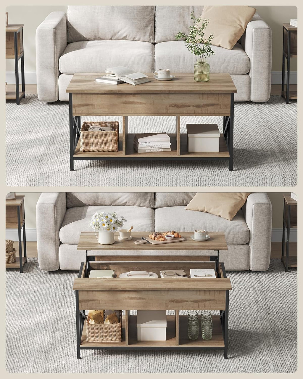 VASAGLE Masa de cafea cu inaltime reglabila, spatiu de depozitare ascuns, 60x100x(48-62) cm, gri stejar