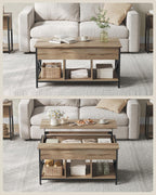 VASAGLE Masa de cafea cu inaltime reglabila, spatiu de depozitare ascuns, 60x100x(48-62) cm, gri stejar