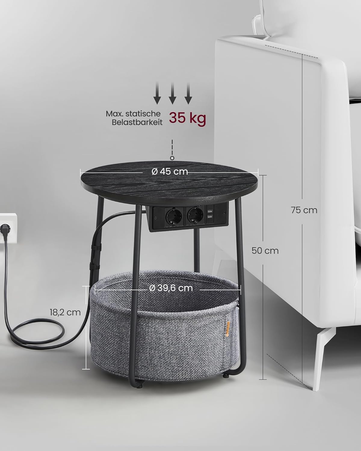 VASAGLE Masuta de cafea rotunda cu cos de stofa, statie de incarcare 2 prize si 2 USB, 45x50cm, negru