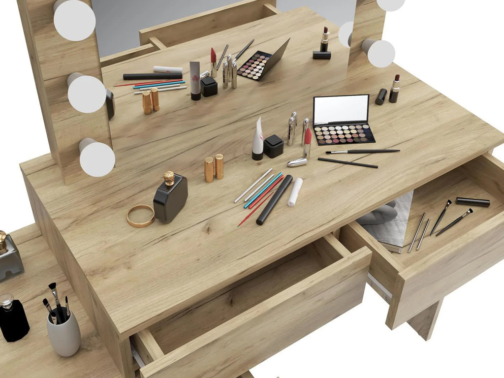 Masa de toaleta si machiaj Adele cu 5 sertare si oglinda 12 LED, 113x47x142 cm, craft