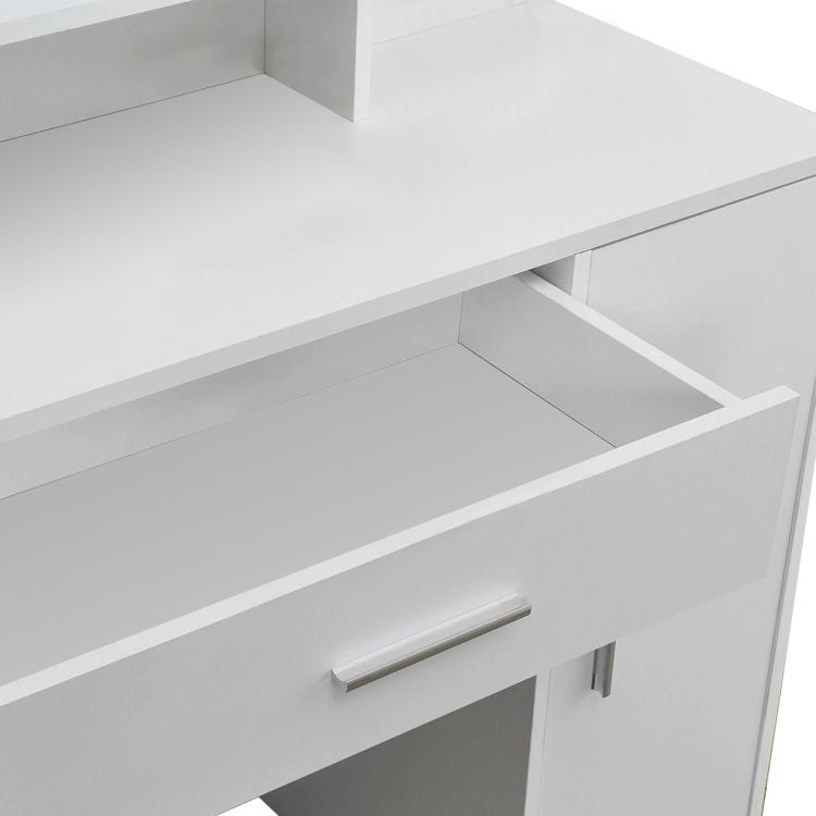 Masa de toaleta cu oglinda, sertar, dulap si rafturi, 90x38x138 cm, alb