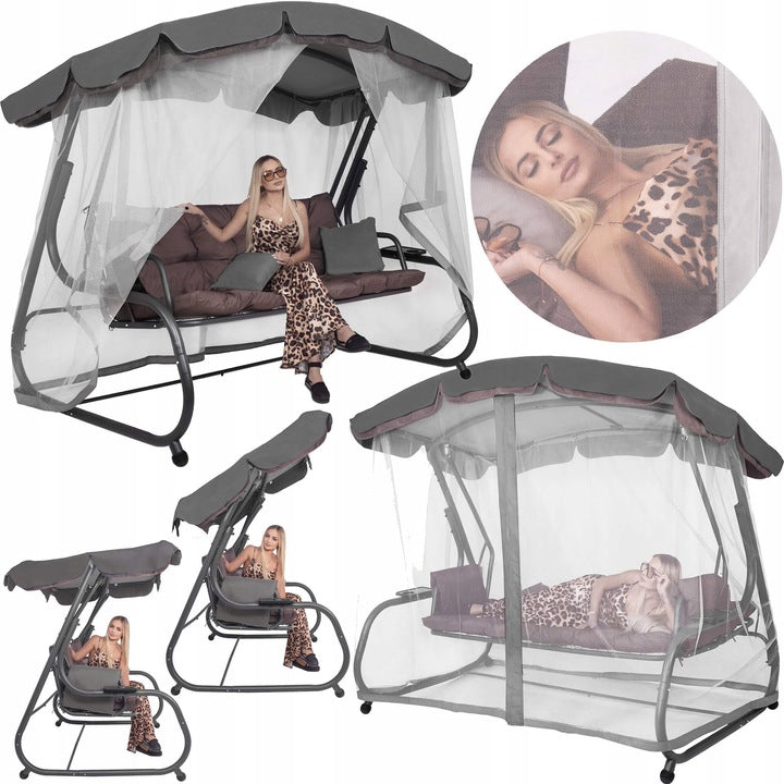 Balansoar gradina 226x126x192 cm, 3 in 1 leagan, pat si relaxare, cu plasa anti-insecte, copertina reglabila, saltea si perne incluse, gri si maro