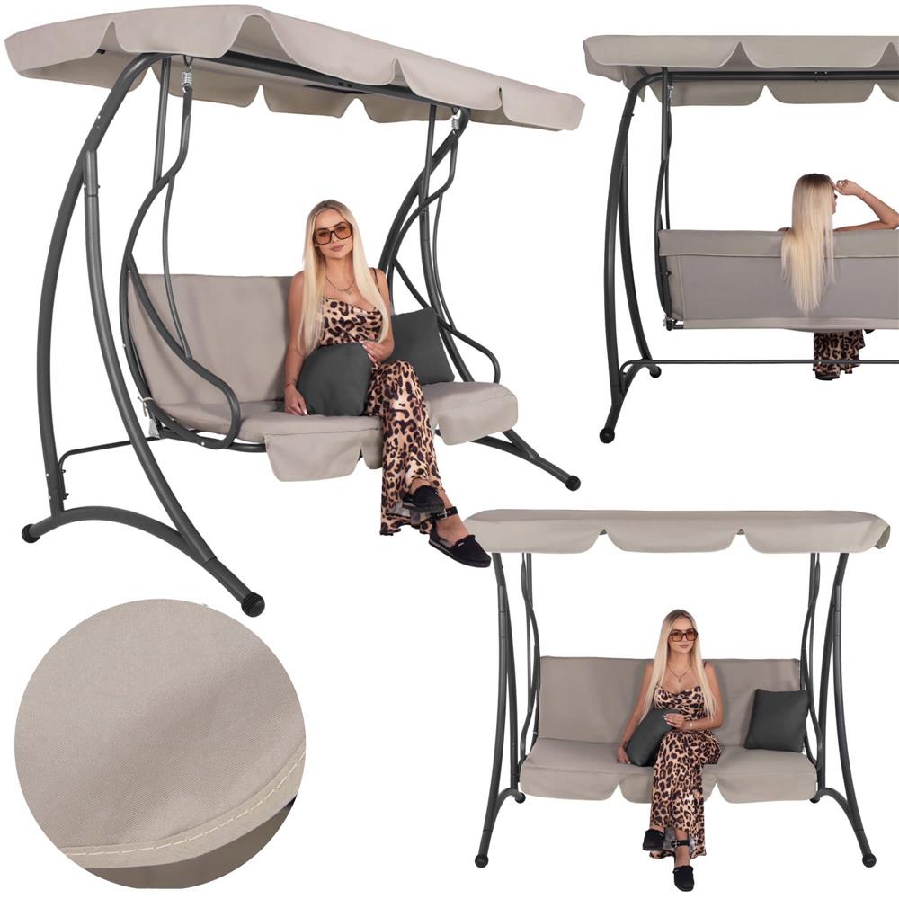 Leagan de gradina 190x115x176 cm, pentru 3 persoane, copertina reglabila, perne incluse, cadru otel si material impermeabil, bej