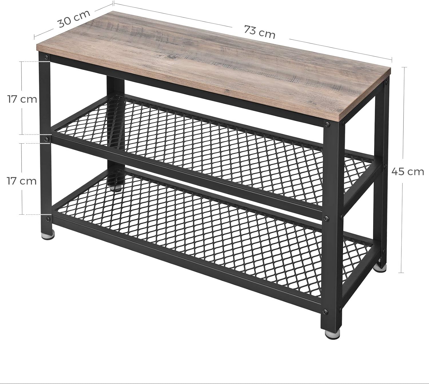 VASAGLE Raft pentru pantofi cu 2 polite, 73x30x45cm, otel, stil industrial, gri stejar si negru