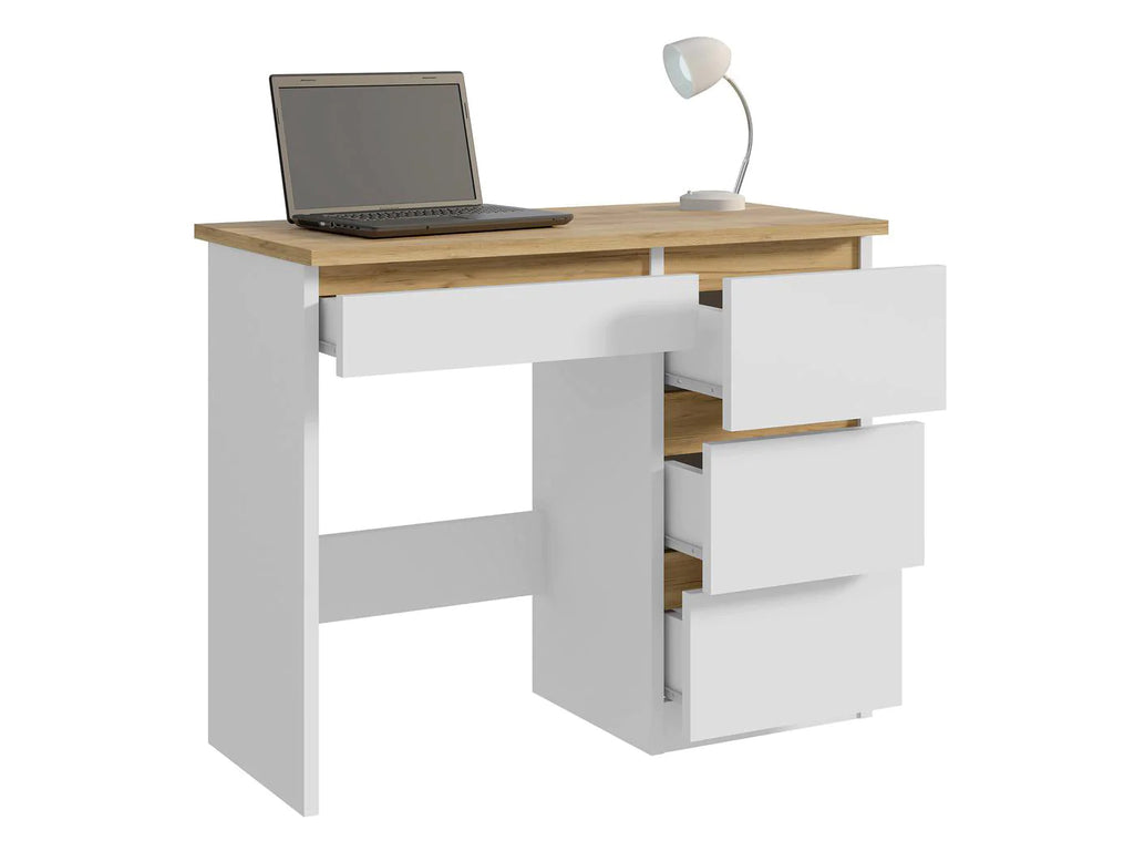 Birou Beta 3 Norge cu 4 sertare, 94x43x75 cm, alb si stejar craft