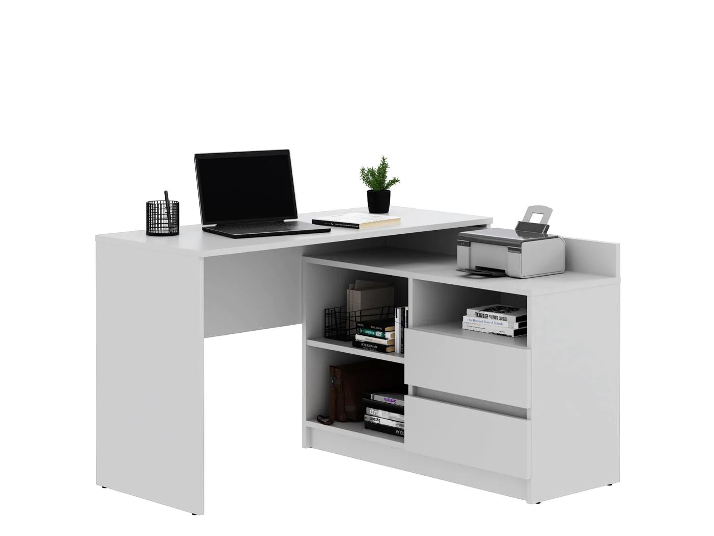 Birou colt Delta 120x50x75 cm cu comoda 100x42x72 cm, 2 sertare, montaj stanga/dreapta, alb