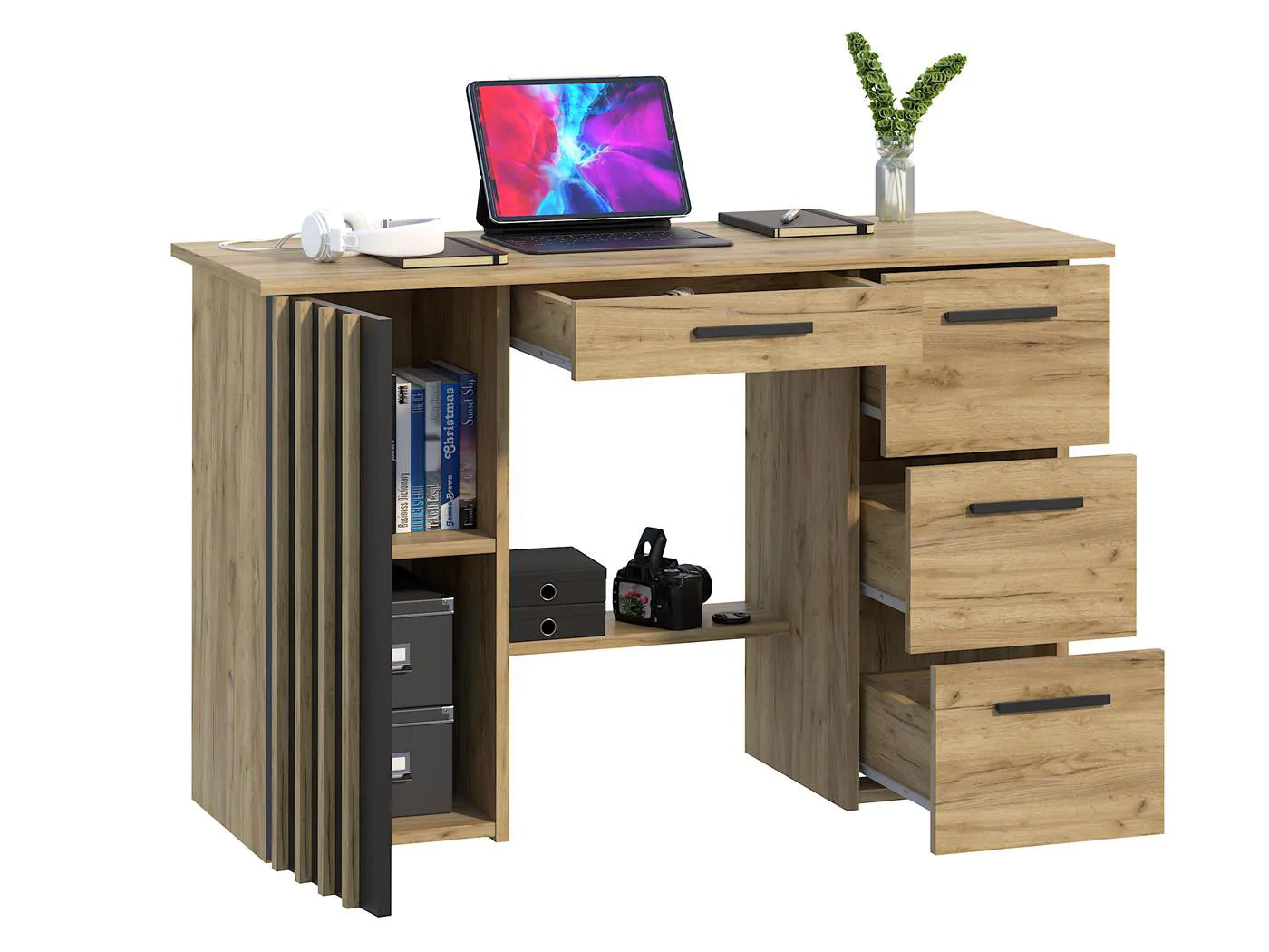 Birou Montana B120 cu 4 sertare si 1 usa, 120x45x76 cm, stejar craft si negru