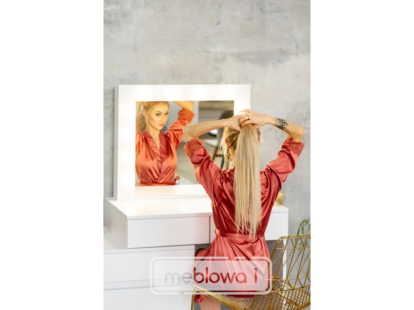 Masa de toaleta si machiaj colt Carla cu oglinda 12 LED si comoda 5 sertare, montaj stanga/dreapta, alb