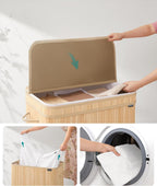 SONGMICS Cos rufe 63x42x61 cm, 150L, pliabil cu capac si sac lavabil, bambus si textil, bej natur