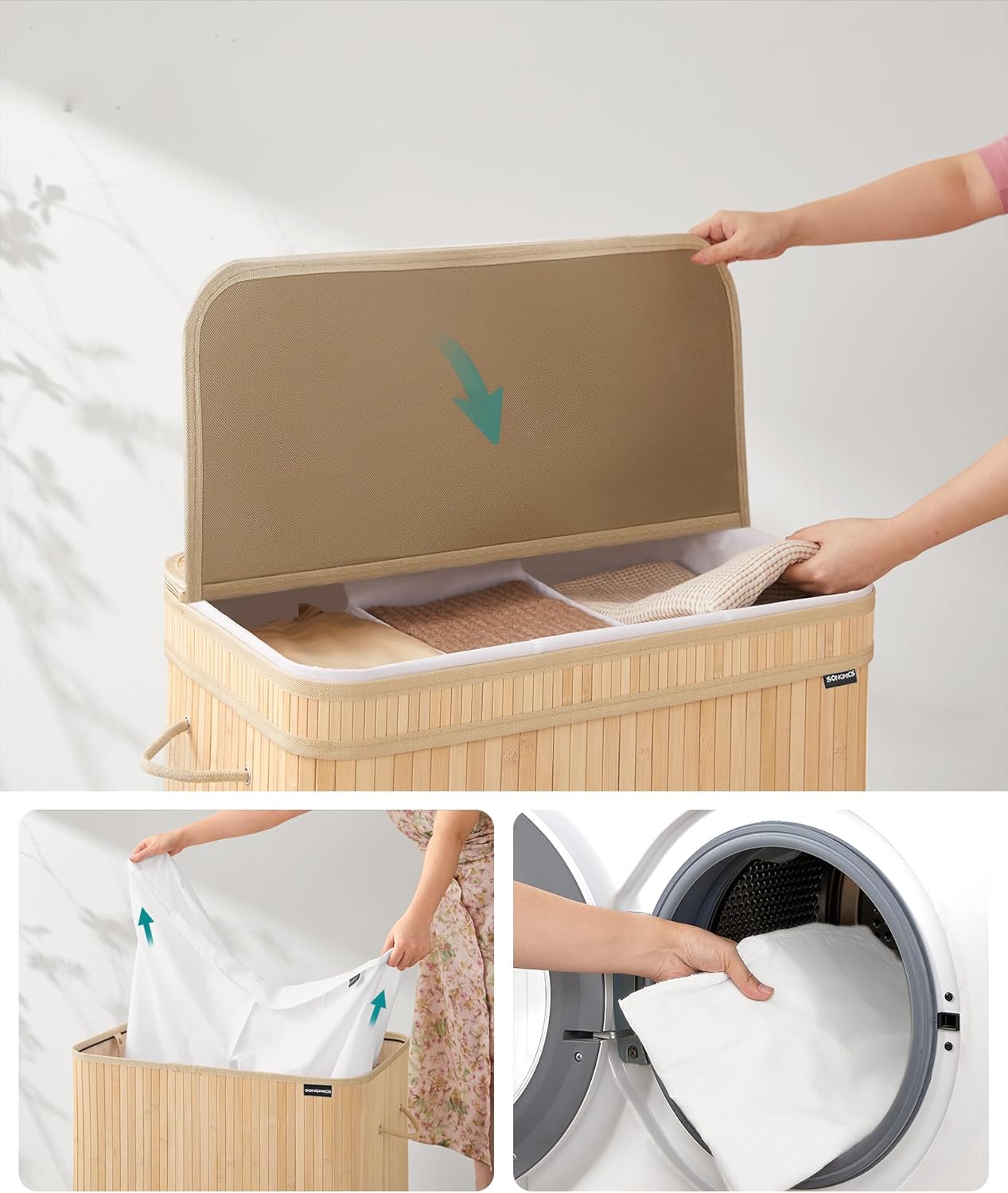 SONGMICS Cos rufe 63x42x61 cm, 150L, pliabil cu capac si sac lavabil, bambus si textil, bej natur