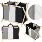 Cos de rufe cu 3 compartimente, cadru din lemn, 67x42x57 cm, 105 litri