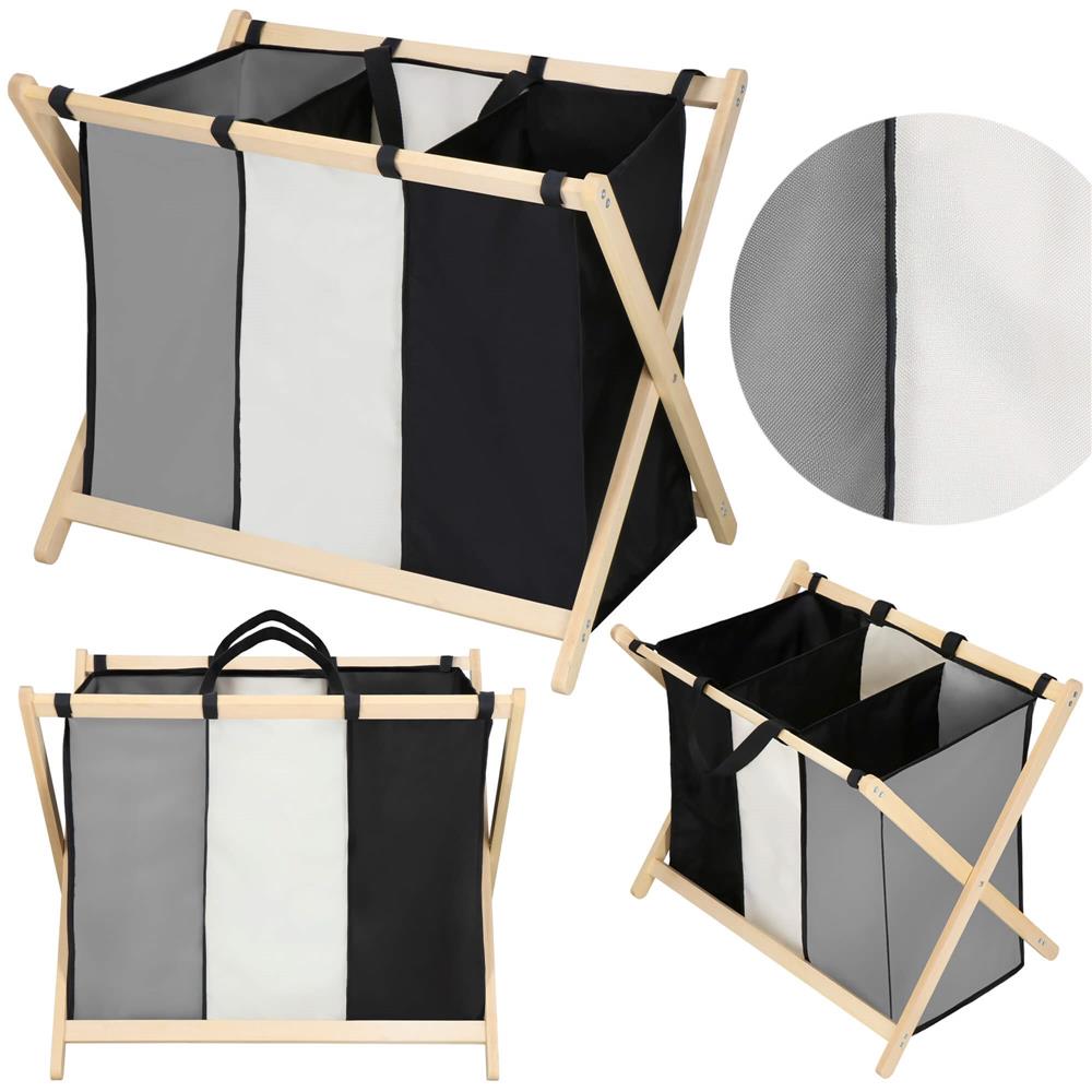 Cos de rufe cu 3 compartimente, cadru din lemn, 67x43x55 cm, 105 litri