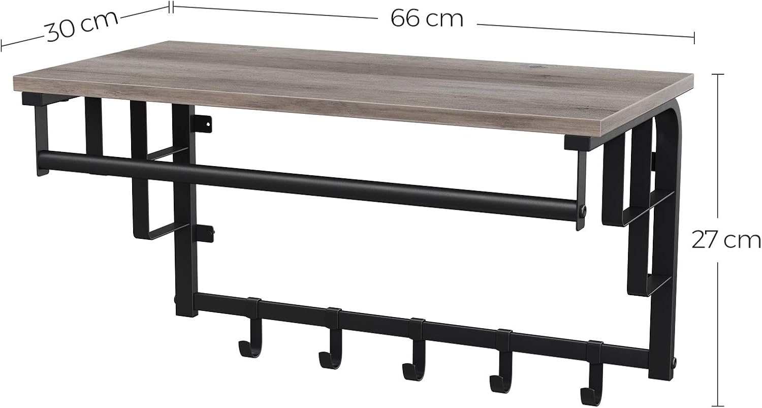 VASAGLE Cuier perete cu polita, bara si 5 carlige, 66x27x30 cm, gri