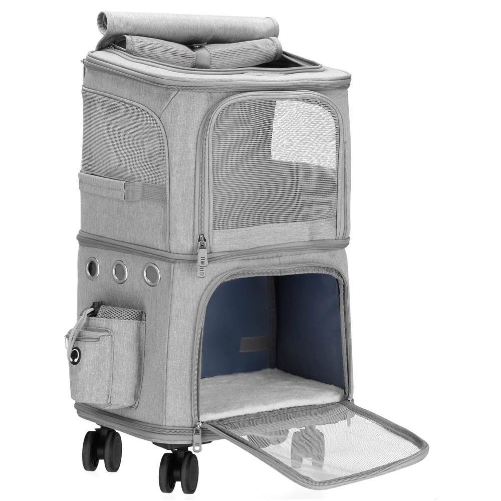 Carucior tip troller pentru transport animale, dublu cu 2 compartimente separate, maxim 22 kg, 55x34x26 cm, gri