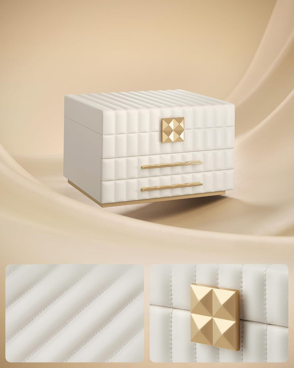 SONGMICS Cutie de bijuterii pe 3 nivele, cu oglinda si tavi detasabile, 22x24x16 cm, alb crem