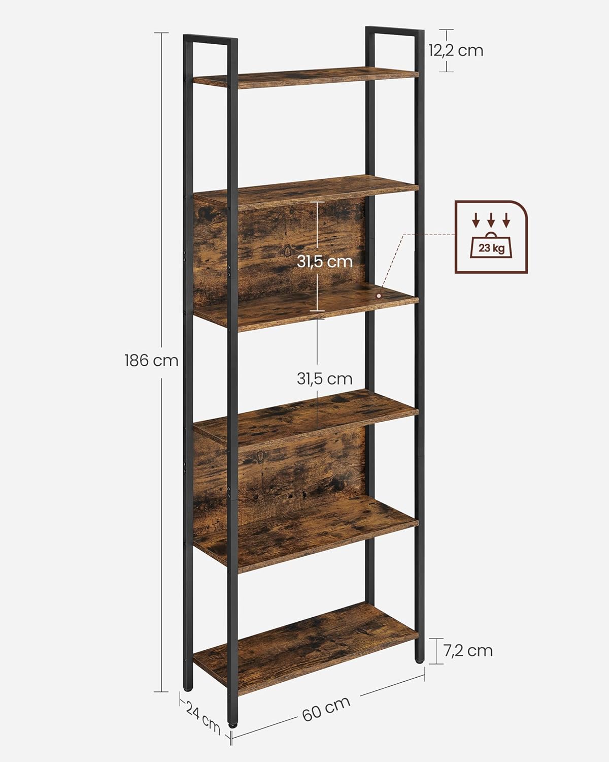 VASAGLE Biblioteca 60x24x186 cm, 6 rafturi, stil industrial, PAL si otel, maro rustic-negru